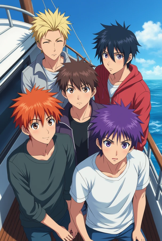 5  Males on a Boat, anime style toei animation Make one of them light blonde,yellowish red, chestnut hair, Bblack hair, purple hair, all 19/