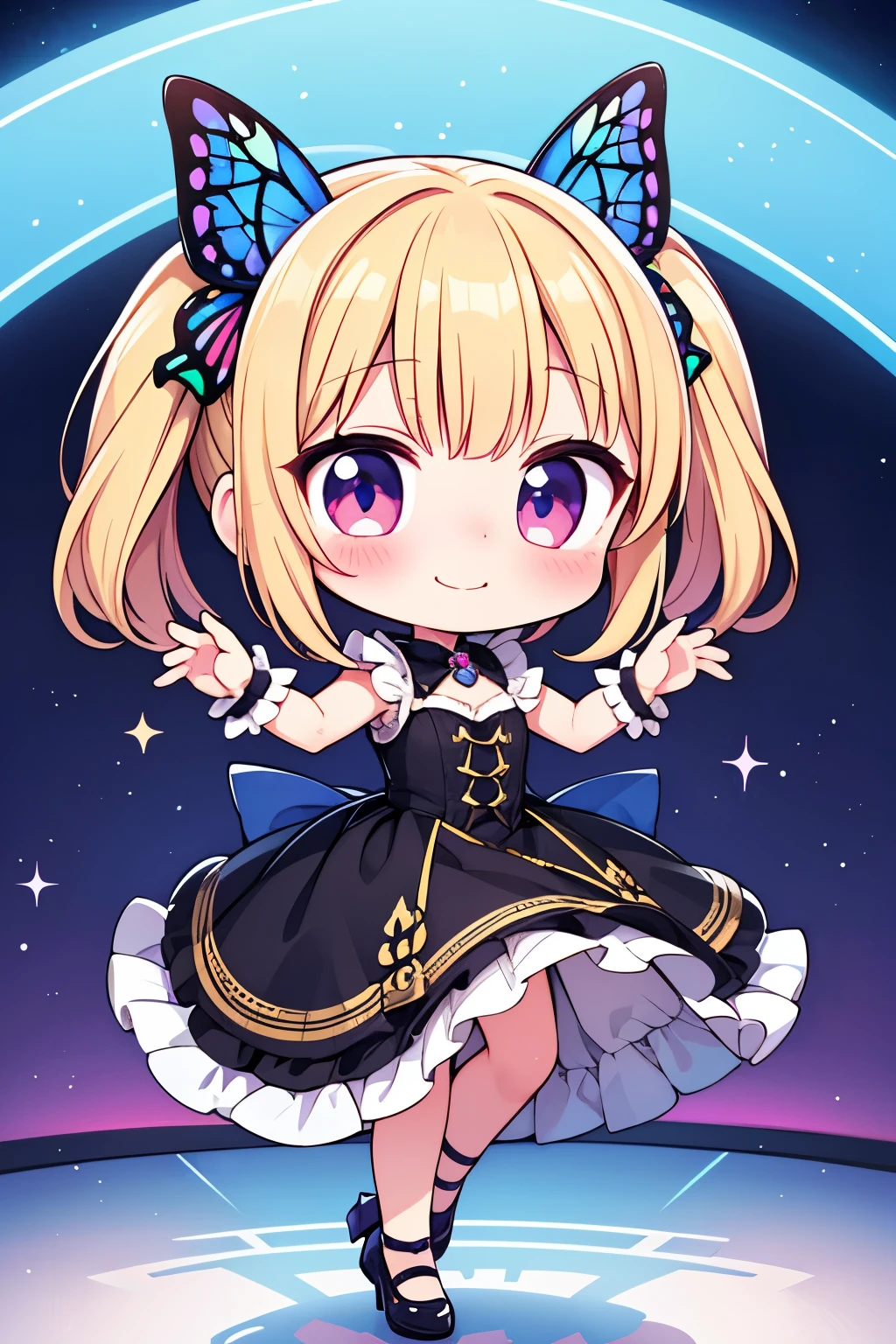 Photorealistic、Chibi Girl Doll(Embarrassed blushing smile、Morpho butterfly-inspired clothing that glows softly in the dark、Cute Shoes、Cute Hairpins、rotate、Dance with grace)