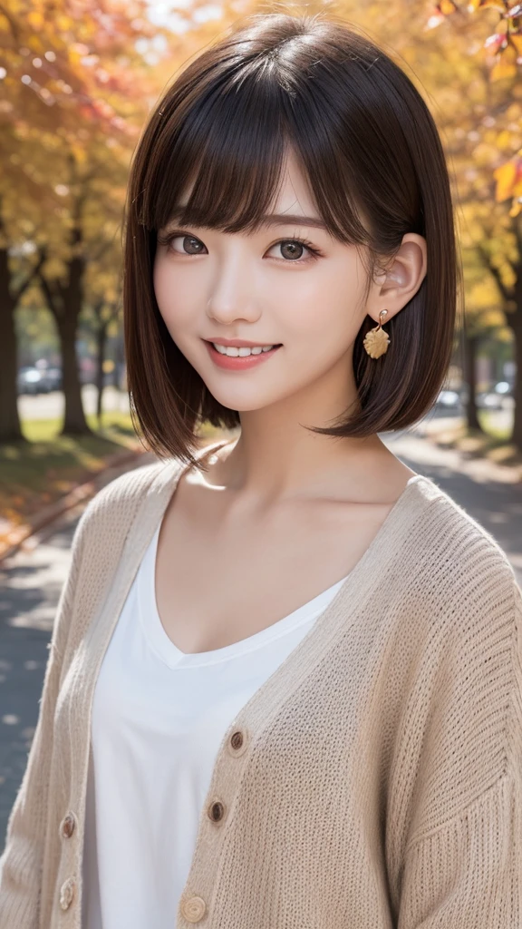 one girl, (a beauty girl, Delicate girl:1.3), (:1.3),
break, (Tree-lined avenue in autumn:1.2), (cardigan:1.2),
break, very fine resolution, (symmetrical eyes:1.3),
break, small breasts, brown eyes, parted bangs, brown hair,  girl,
break, (Eye and face details:1.0), (get closer to the face, zoom in on the face, face focus:1.0),
break, (masterpiece, highest quality, super detailed, detailed face, 8K)、From above、earrings、hair blowing in the wind、blush your cheeks、smile、white teeth、high angle、super realistic photos、Ginkgo leaves on my head