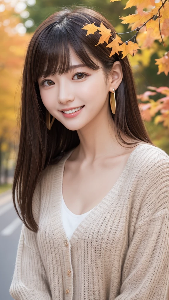 one girl, (a beauty girl, Delicate girl:1.3), (:1.3),
break, (Tree-lined avenue in autumn:1.2), (cardigan:1.2),
break, very fine resolution, (symmetrical eyes:1.3),
break, small breasts, brown eyes, parted bangs, brown hair, girl,
break, (Eye and face details:1.0), (get closer to the face, zoom in on the face, face focus:1.0),
break, (masterpiece, highest quality, super detailed, detailed face, 8K)、From above、earrings、hair blowing in the wind、blush your cheeks、smile、white teeth、high angle、super realistic photos、Ginkgo leaves on my head