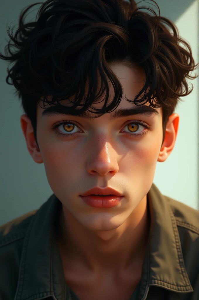 Young man short curly dark hair with golden eyes