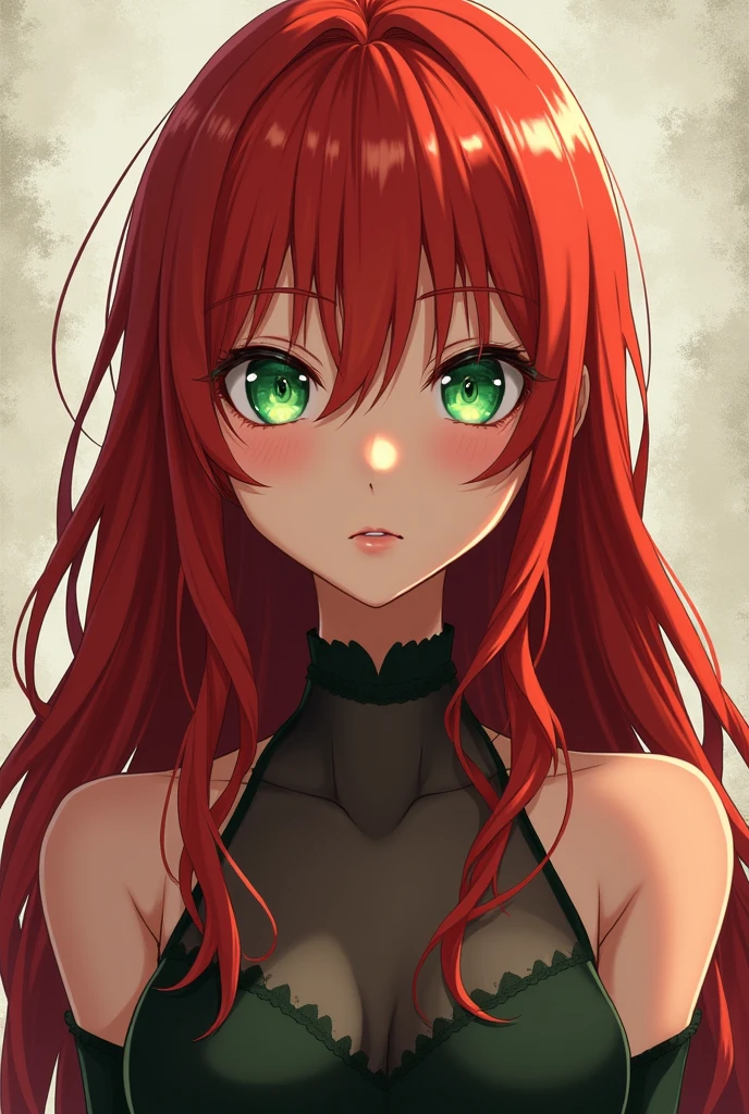 anime girl, with long red hair and lime green eyes