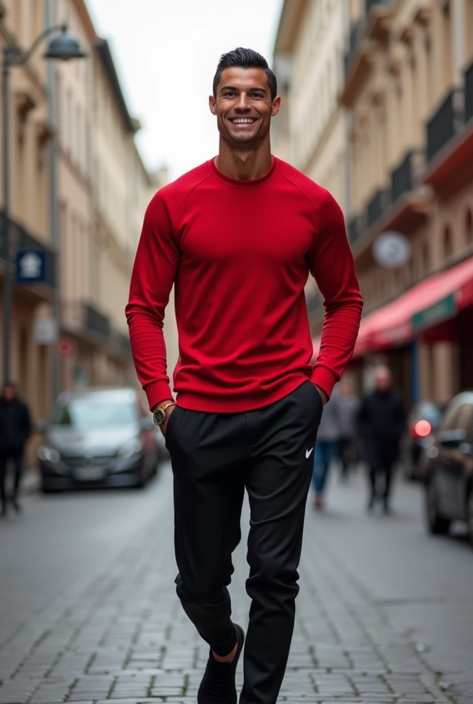 Cristiano Ronaldo;sur une ville de luxe imaginaire,au futur,en sourient,porte une pulls rouge,un pantalon ???? avec un peu de rouge,des claquettes ???? nike