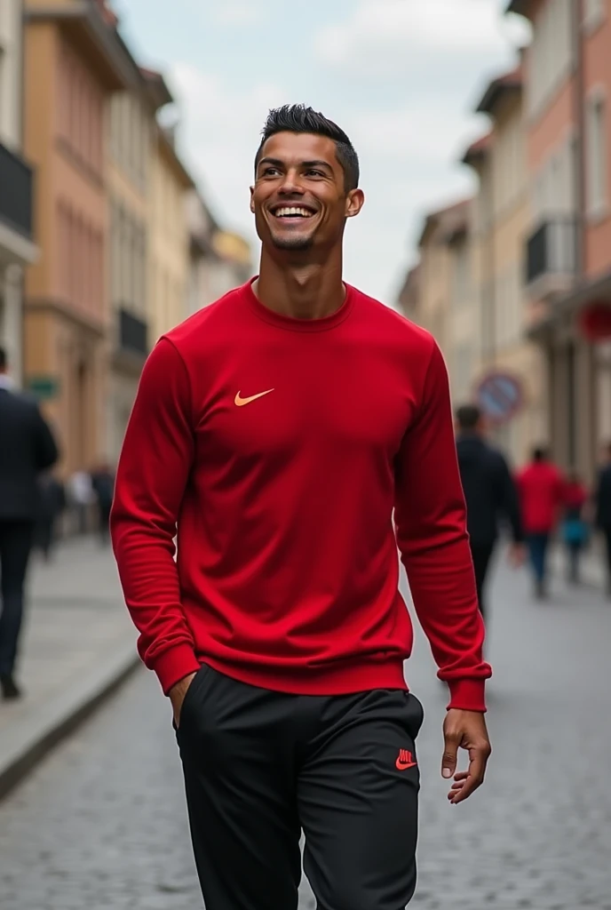 Cristiano Ronaldo;sur une ville de luxe imaginaire,au futur,en sourient,porte une pulls rouge,un pantalon ???? avec un peu de rouge,des claquettes ???? nike