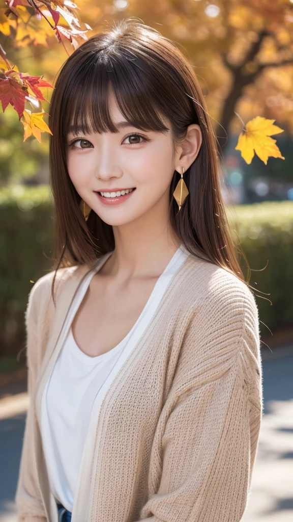 one girl, (a beauty girl, Delicate girl:1.3), (:1.3),
break, (Tree-lined avenue in autumn:1.2), (cardigan:1.2),
break, very fine resolution, (symmetrical eyes:1.3),
break, small breasts, brown eyes, parted bangs, brown hair, girl,
break, (Eye and face details:1.0), (get closer to the face, zoom in on the face, face focus:1.0),
break, (masterpiece, highest quality, super detailed, detailed face, 8K)、From above、earrings、hair blowing in the wind、blush your cheeks、smile、white teeth、high angle、super realistic photos、Ginkgo leaves on my head