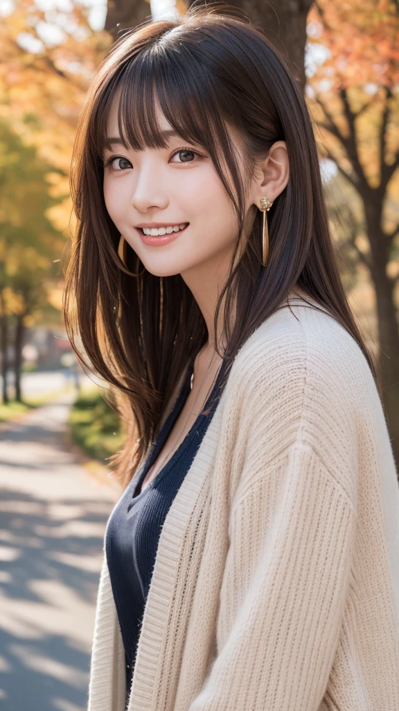 one girl, (a beauty girl, Delicate girl:1.3), (:1.3),
break, (Tree-lined avenue in autumn:1.2), (cardigan:1.2),
break, very fine resolution, (symmetrical eyes:1.3),
break, small breasts, brown eyes, parted bangs, brown hair,  girl,
break, (Eye and face details:1.0), (get closer to the face, zoom in on the face, face focus:1.0),
break, (masterpiece, highest quality, super detailed, detailed face, 8K)、From above、earrings、hair blowing in the wind、blush your cheeks、smile、white teeth、high angle、super realistic photos、Ginkgo leaves on my head