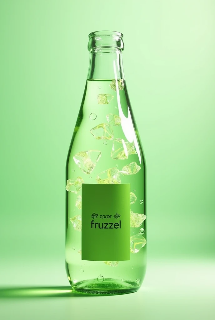 Draw a glass bottle for a natural aloe drink, with aloe crystals in the liquid, with a green label with the name "Fruzzel" and the bottle has the shape of a drop of water 