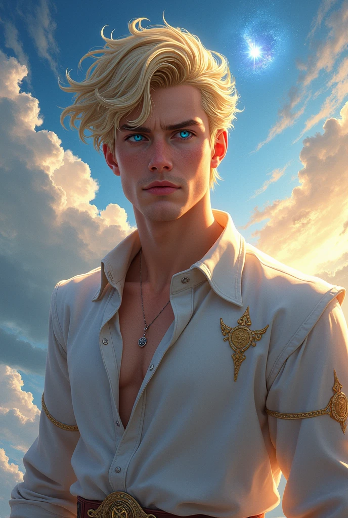 Short haired blond man in his thirties as an aasimar from Pathfinder