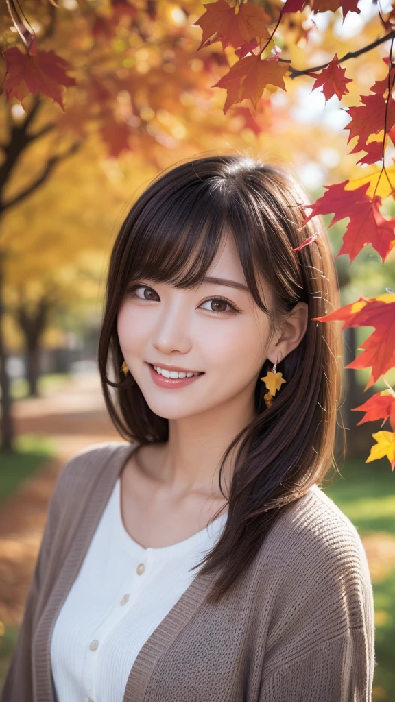 one girl, (a beauty girl, Delicate girl:1.3), (:1.3),
break, (Tree-lined avenue in autumn:1.2), (cardigan:1.2),
break, very fine resolution, (symmetrical eyes:1.3),
break, small breasts, brown eyes, parted bangs, brown hair,  girl,
break, (Eye and face details:1.0), (get closer to the face, zoom in on the face, face focus:1.0),
break, (masterpiece, highest quality, super detailed, detailed face, 8K)、From above、earrings、hair blowing in the wind、blush your cheeks、smile、white teeth、high angle、super realistic photos、Ginkgo leaves on my head