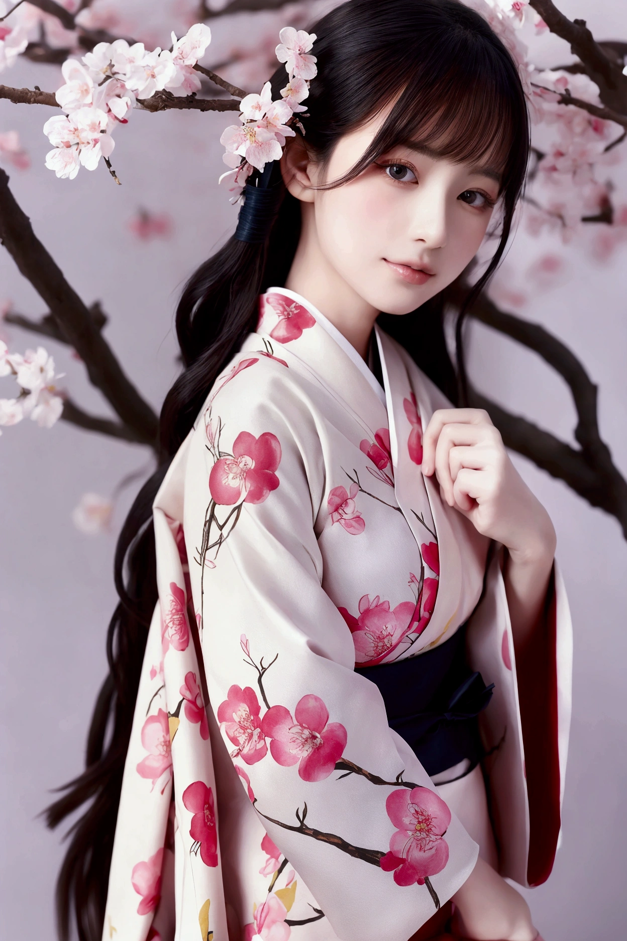 Realistic photos, Beautiful Eyes, Flowing black hair, Elegant kimono, Cherry blossom background, Traditional folding fan, Calm expression, Soft lighting, Traditional Japanese art style, Vibrant colors, Peaceful atmosphere, Delicate features, Graceful posture