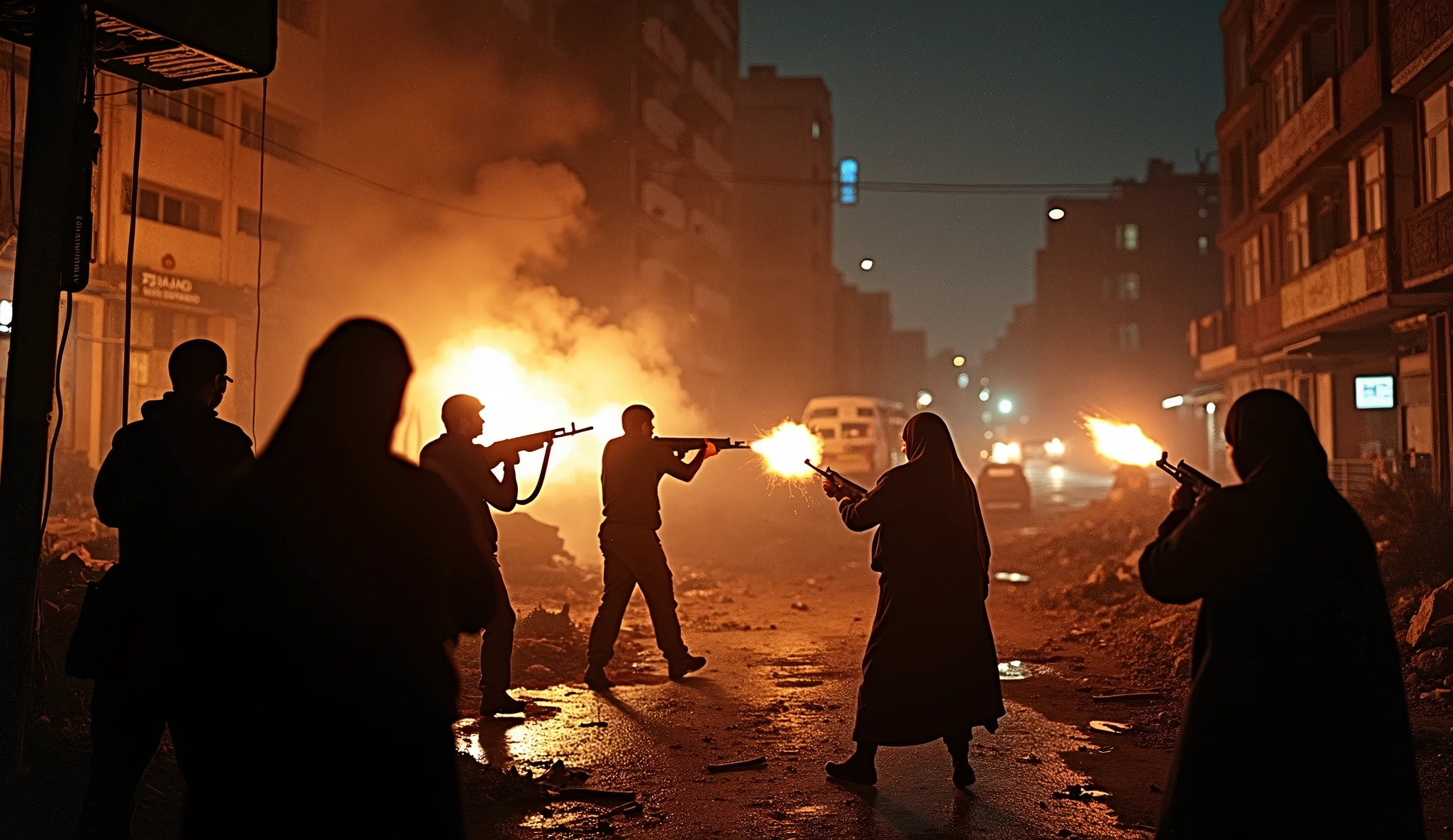 A night-time photograph capturing an urban battle in Tehran between Iranian revolutionaries and the Shah’s military forces. The streets are in chaos, with buildings damaged, cars overturned, and fires lighting up the night. The revolutionaries, both men and women in hijabs, are seen behind makeshift barricades, engaging in a firefight. The image, taken with an old camera, has a gritty texture, with the muzzle flashes from the rifles stark against the darkness.