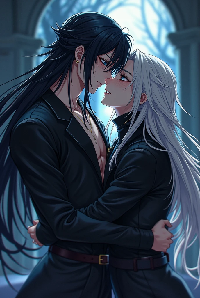 two males, anime assassins, with long black hair freckled skin intimatelykissing, handsome, with long white hair, blue/grey eyes half way closed, facial expressions of happiness and love, intimatehug, Dark fantasy romantic semirealistic manga comic style. Volumetric and dynamic lighting. Hyperdetailed photorealistic hyperrealistic, Stunning dark fantasy,perfect body and face, Dark fantasy romantic semirealistic manga comic style, Volumetric and dynamic lighting, Hyperdetailed photorealistic hyperrealistic, Stunning dark fantasy,"