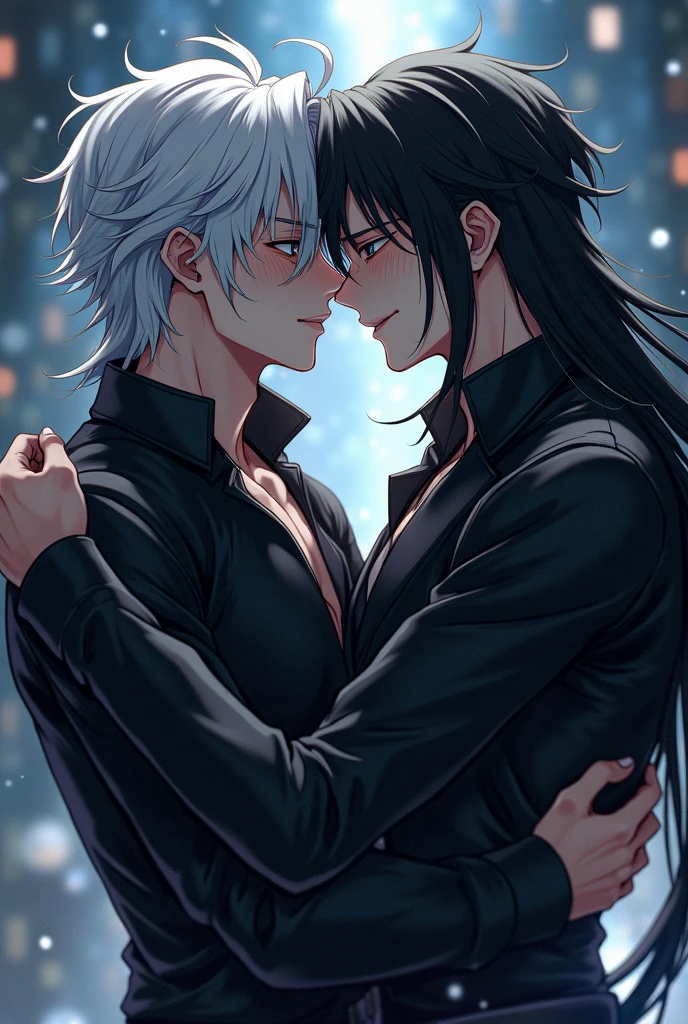 two males, anime assassins, with long black hair freckled skin intimatelykissing, handsome, with long white hair, blue/grey eyes half way closed, facial expressions of happiness and love, intimatehug, Dark fantasy romantic semirealistic manga comic style. Volumetric and dynamic lighting. Hyperdetailed photorealistic hyperrealistic, Stunning dark fantasy,perfect body and face, Dark fantasy romantic semirealistic manga comic style, Volumetric and dynamic lighting, Hyperdetailed photorealistic hyperrealistic, Stunning dark fantasy,"