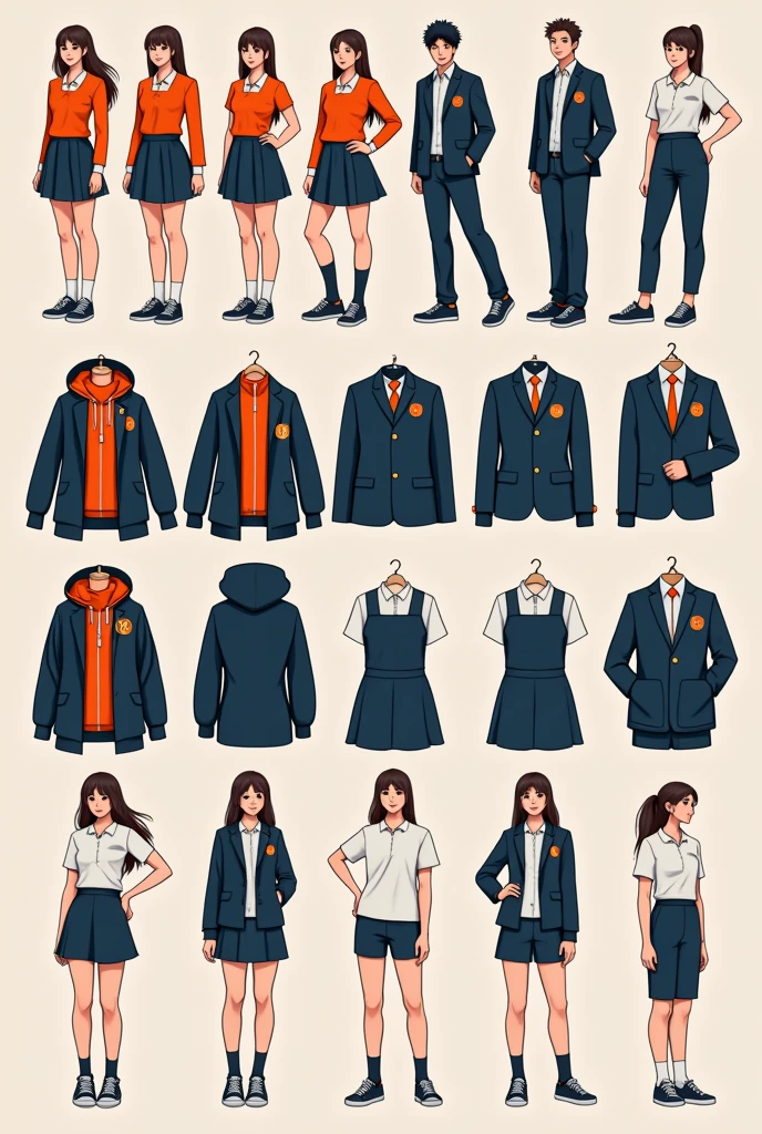 I want you to create school uniforms in various matching colors, women's and men's uniforms, uniform pieces must have a skirt, sock, tennis, jaket, pants, blouse, bike shorts