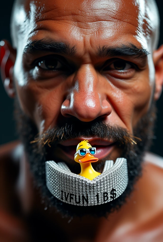 Close-up photo of a sweaty, bold boxer, as if he has just won a fight, proudly wearing a yellow mouthguard adorned with diamonds. The mouthguard has the inscription 'IVFUN 1B$' on it, with diamonds only on the front. A stylish cartoon duck wearing glasses is illustrated on the mouthguard. The boxer exudes confidence, emphasizing his mouthguard in his mouth