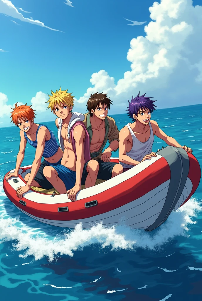 5 age Males on a Boat, anime style toei animation Make one of them light blonde,yellowish red, chestnut hair, Bblack hair, purple hair, all 19/ Estilo One Piece
