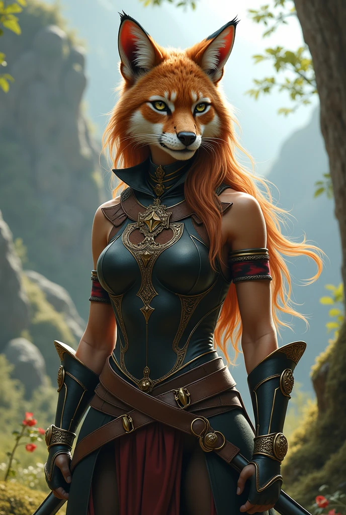 Très belle jeune louve anthropomorphe, avec des beau long cheveux, portant une tenue de guerrière et une épée, elle a des traits humains sur son visage