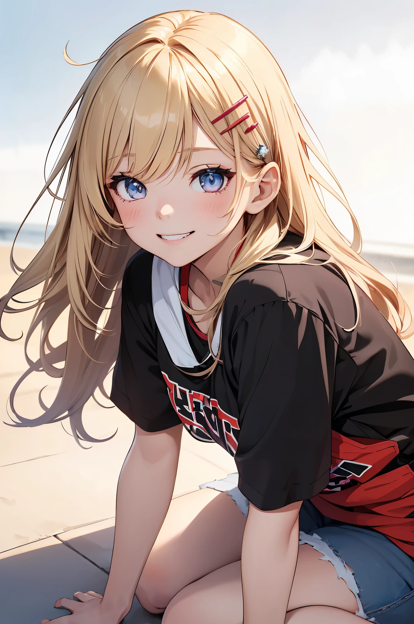 ((1 girl)), fine, Grin, Latest Fashion Trends, (Hairpins in the bangs), younger sister, sneakers, Denim shorts, Black Pantyhose, かわいいyounger sister, Full Body,((Very detailed,Highest quality, High resolution, 8k wallpaper, Beautiful clothes,)),((blonde, Long Hair,Straight hair)), blush , (Crimson Eyes),eye shadow, eyeliner,Glow Eye, Very detailedな目, Beautiful Eyes, , Accurate anatomy