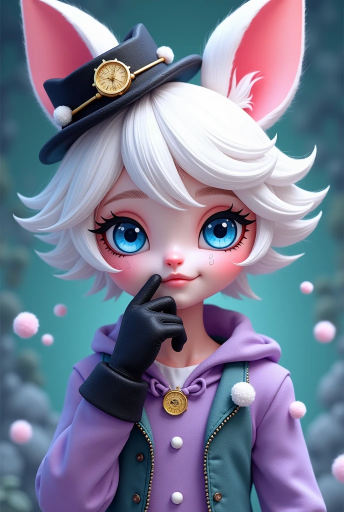 Imagem do filho da Kitty Cheshire com a Bunny Blanc de Ever After High: A teenage boy, white hair with bunny ears, black hat tiara with gold watch, pink skin color, blue cat eyes, lilac and light green clothes, black gloves with white pompom with cat details