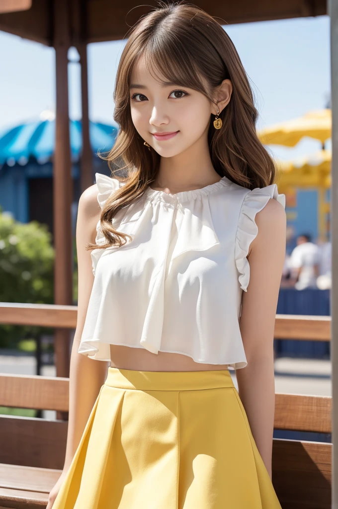 (8k, RAW photo, best quality, masterpiece:1.2), (realistic, photo-realistic:1.4), ultra-detailed, perfect anatomy, perfect limbs, perfect hand, depth of field, wide shot, cute japanese model pictures, Beautiful Face, in a summer amusement park, (brown eyes), (dark blonde loosely curled hair.), She is looking at this way, smiling, She has blunt artificial nails, She is standing shyly in front of the bench, facing me., BREAK, (yellow Ultra micro mini frilled skirt), (White sleeveless blouse),