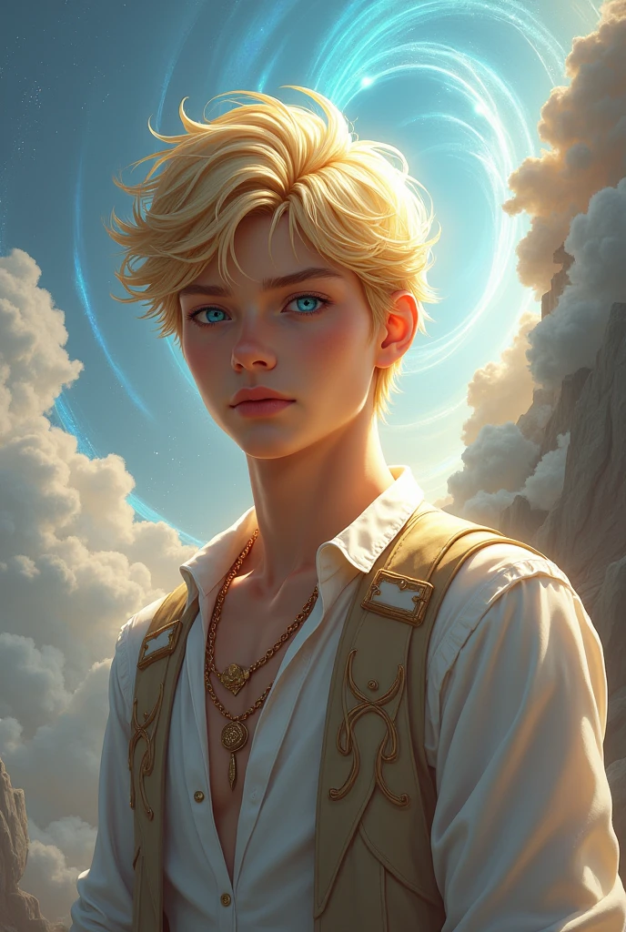 Short haired blond man in his thirties as an Aasimar from Pathfinder