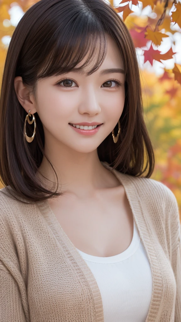 one girl, (a beauty girl, Delicate girl:1.3), (:1.3),
break, (Tree-lined avenue in autumn:1.2), (cardigan:1.2),
break, very fine resolution, (symmetrical eyes:1.3),
break, small breasts, brown eyes, parted bangs, brown hair,  girl,
break, (Eye and face details:1.0), (get closer to the face, zoom in on the face, face focus:1.0),
break, (masterpiece, highest quality, super detailed, detailed face, 8K)、From above、earrings、hair blowing in the wind、blush your cheeks、smile、white teeth、high angle、super realistic photos、Ginkgo leaves on my head