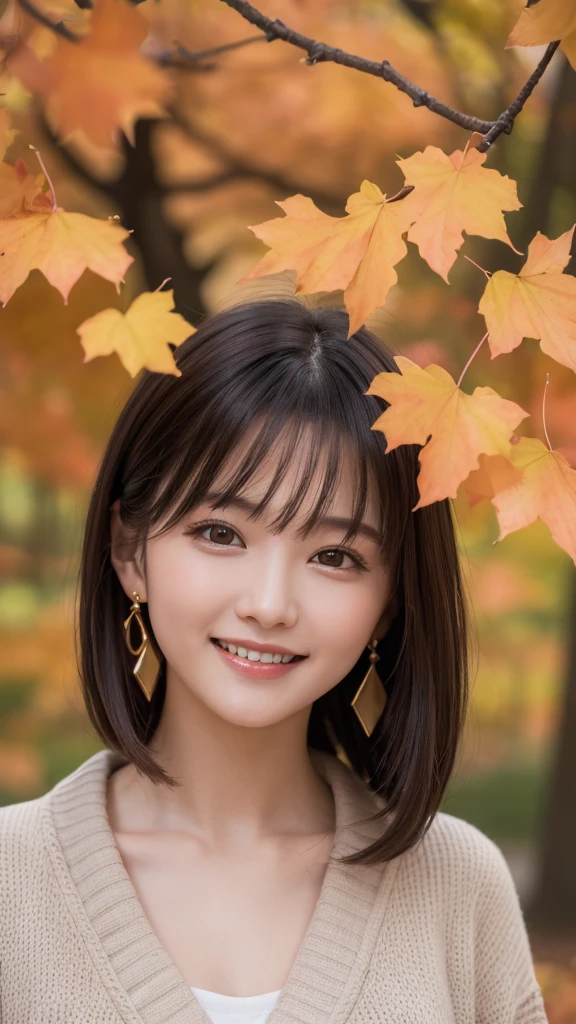 one girl, (a beauty girl, Delicate girl:1.3), (:1.3),
break, (Tree-lined avenue in autumn:1.2), (cardigan:1.2),
break, very fine resolution, (symmetrical eyes:1.3),
break, small breasts, brown eyes, parted bangs, brown hair, girl,
break, (Eye and face details:1.0), (get closer to the face, zoom in on the face, face focus:1.0),
break, (masterpiece, highest quality, super detailed, detailed face, 8K)、From above、earrings、hair blowing in the wind、blush your cheeks、smile、white teeth、high angle、super realistic photos、Ginkgo leaves on my head