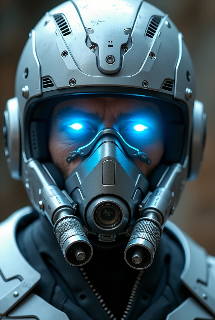 1 man, silver motorcycle helmet, snorkeling mask, portrait close up. Silver two pipe tube from mouth to head. Future design.. high tech. Wear google safety eyes glowing blue. The tube connect from head to mouth. Future headphone design blue led light detail. Starlord helmet design concepts. Very detail . High tech costume. Marvel. shape on the helmet. KAMEN RIDER.. CYBER POLICE. small tube glowing tube.