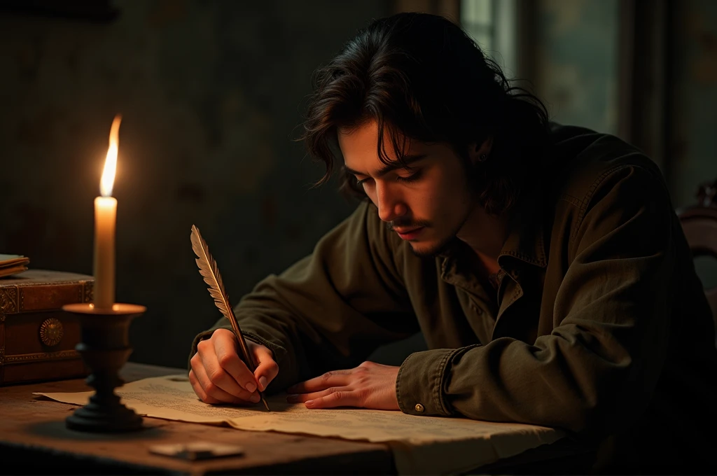 fot, A beautiful young poet of Hispanic descent, sitting within the shadowy confines of an old office. He is writing diligently on a piece of parchment using an ancient quill pen., the only source of light being the dim glow cast by a lone lit candle. 8 k quality, FOTO RAW, by professional photographer, rule of thirds, Extremely Detailed