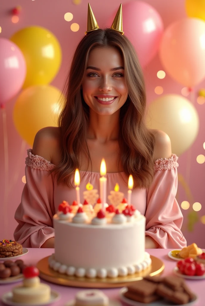 Brunette woman with very straight shoulder length hair, body healed, in a birthday party setting cake with cake and sweets and balloons. Lots of shine and lights.