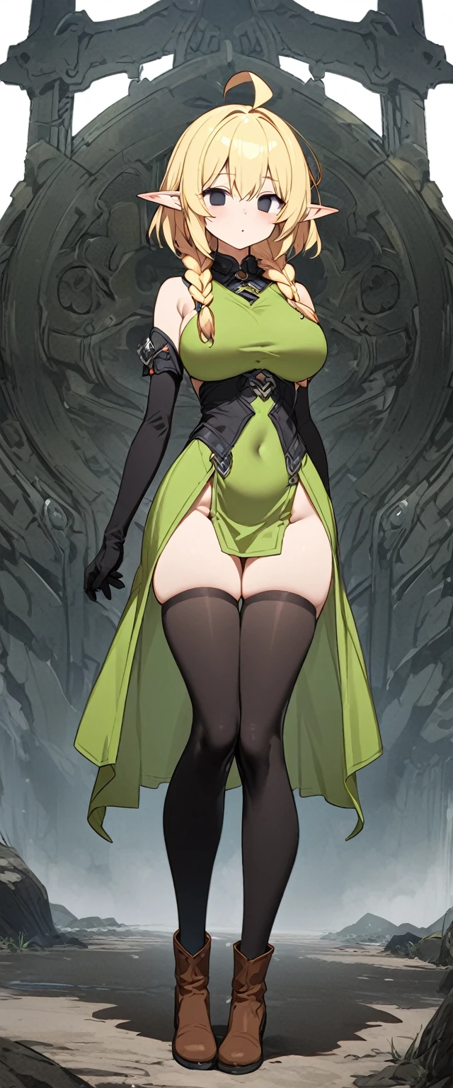 Elf、1 female、women only、short hair、twin braids、ahoge、blonde、(thin)、Big Breasts、Tall、empty eyes、black eye、Black elbow gloves、((black thigh highs))、Small black beret、Brown scarf、Green dress、Brown boots、((full body))、whole body、Are standing、thin太もも、shoulder、belly button、isekai、fantasy、front