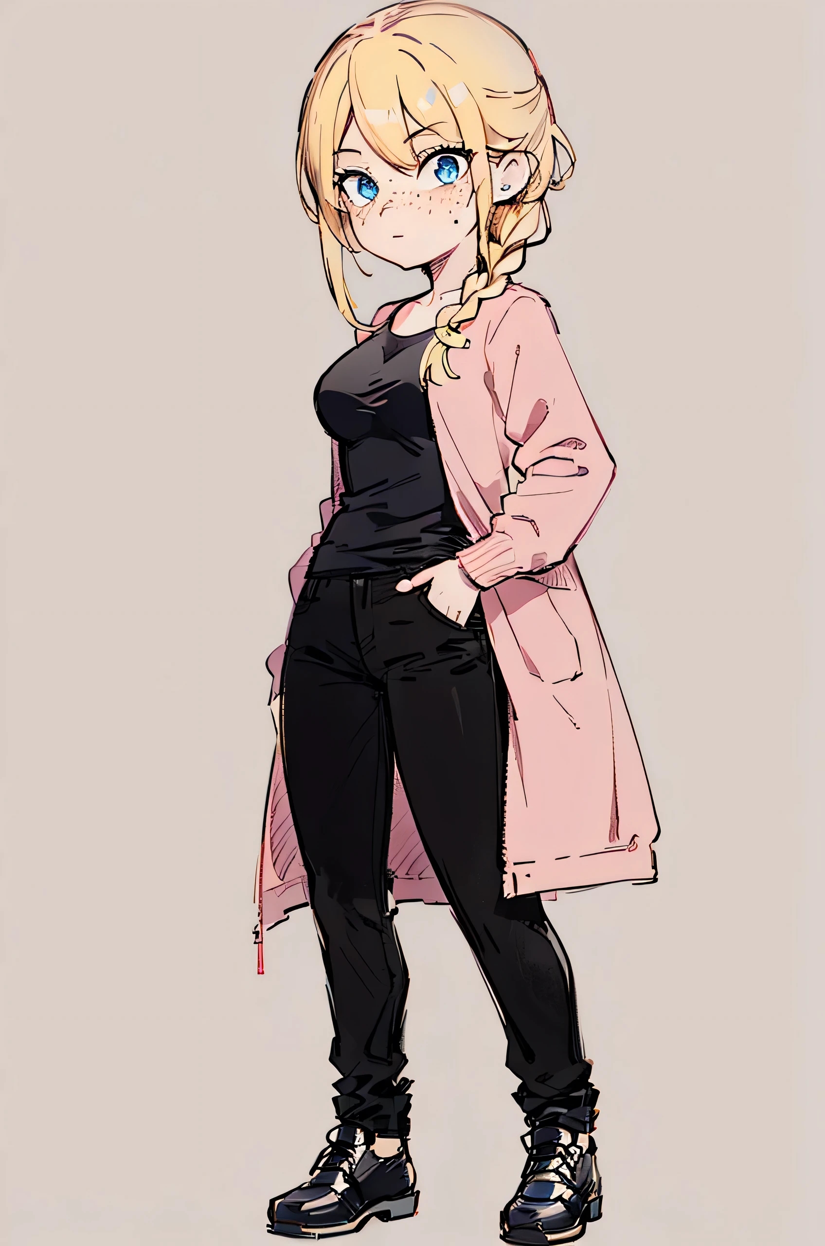 1girl, freckles, blue eyes, blonde hair, braid, shirt, black shirt, jacket, pink jacket, long sleeves, pants, black pants, black footwear, medium breasts, cute, simple background, masterpiece, best quality, full body, mid shot, adult, [monochrome::0.6] sketch, graphite \(medium\) 