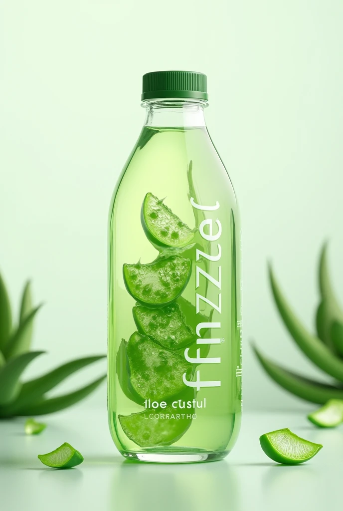 Draw a glass bottle for a natural aloe drink, with aloe crystals in the liquid, with a green label with the name "Fruzzel" and the bottle has a leaf shape