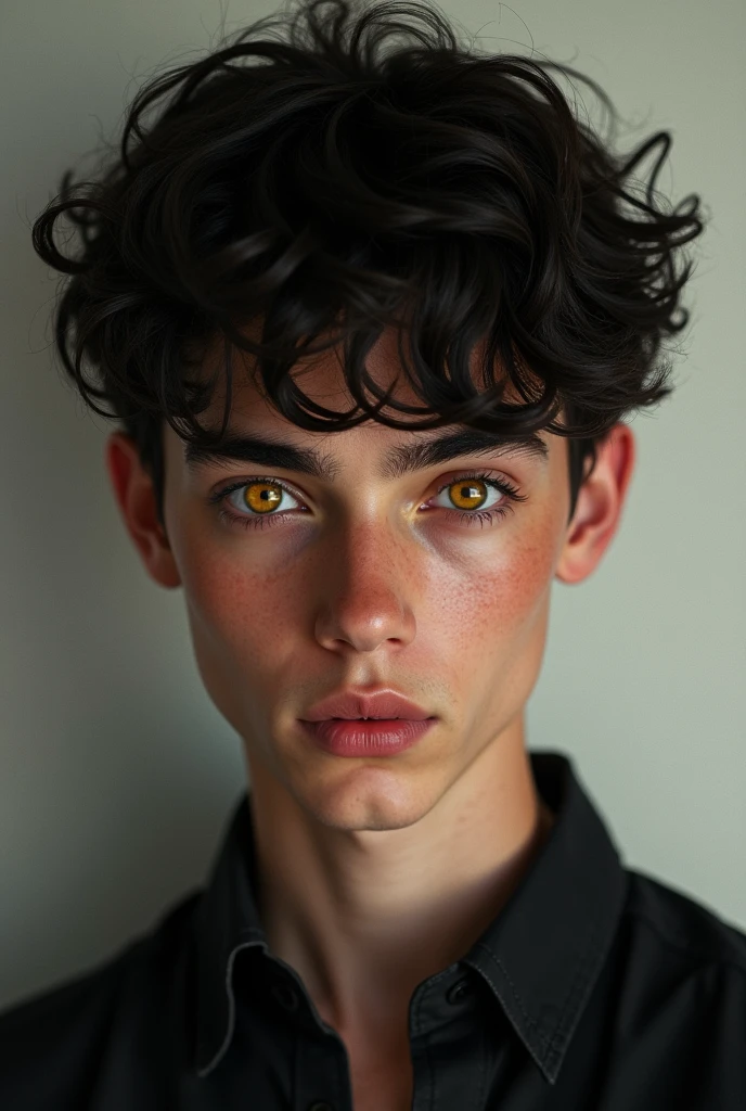 Young man short curly dark hair with golden eyes