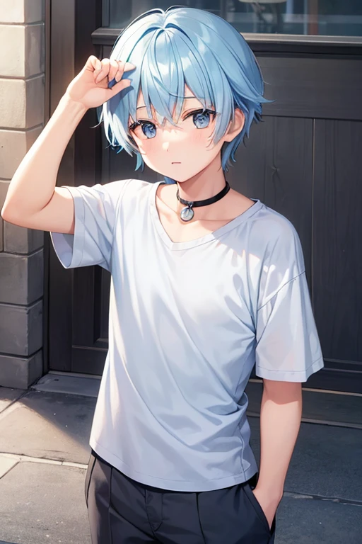 a boy, light blue hair