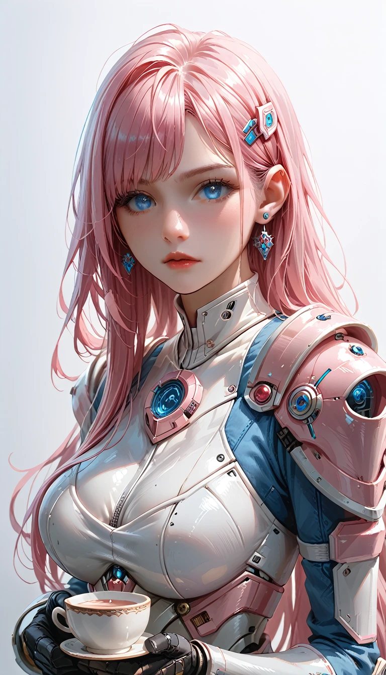 One Girl wear futurist white and pink full_armor, looking at viewer, highly detailed, very long pink hair, bleu eyes, large breast 95 D cup, perfect body, masterpiece,