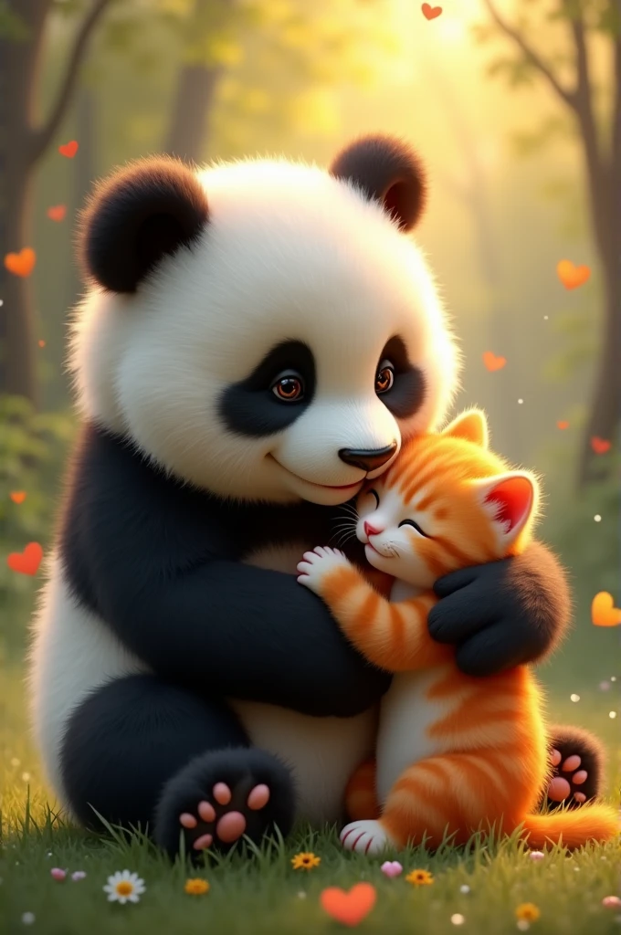 Panda with orange kitten in love