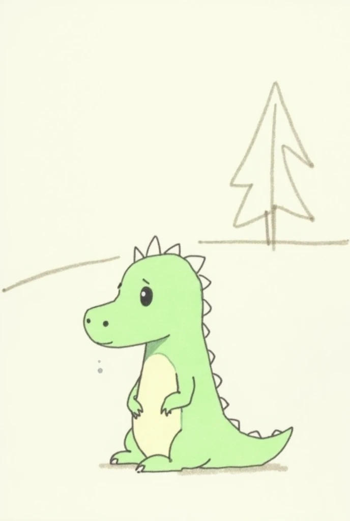 Simple minimalist drawing for kids of a sad green dragon leaving home