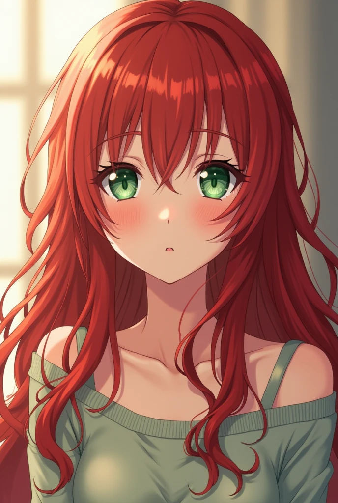 anime girl, with long wavy red hair and pear-green eyes