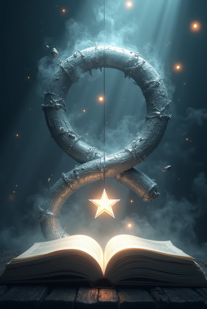 a large, silver infinity symbol, turned 324°. At the middle point in the center, there is a six-pointed star, half luminous and half shadowy, floating above an open book whose pages are moving as if they were leaves in the wind. In the space around the central symbol, there are shadows and lights that appear to be in constant motion, giving the impression that the symbol is alive and in a state of flux