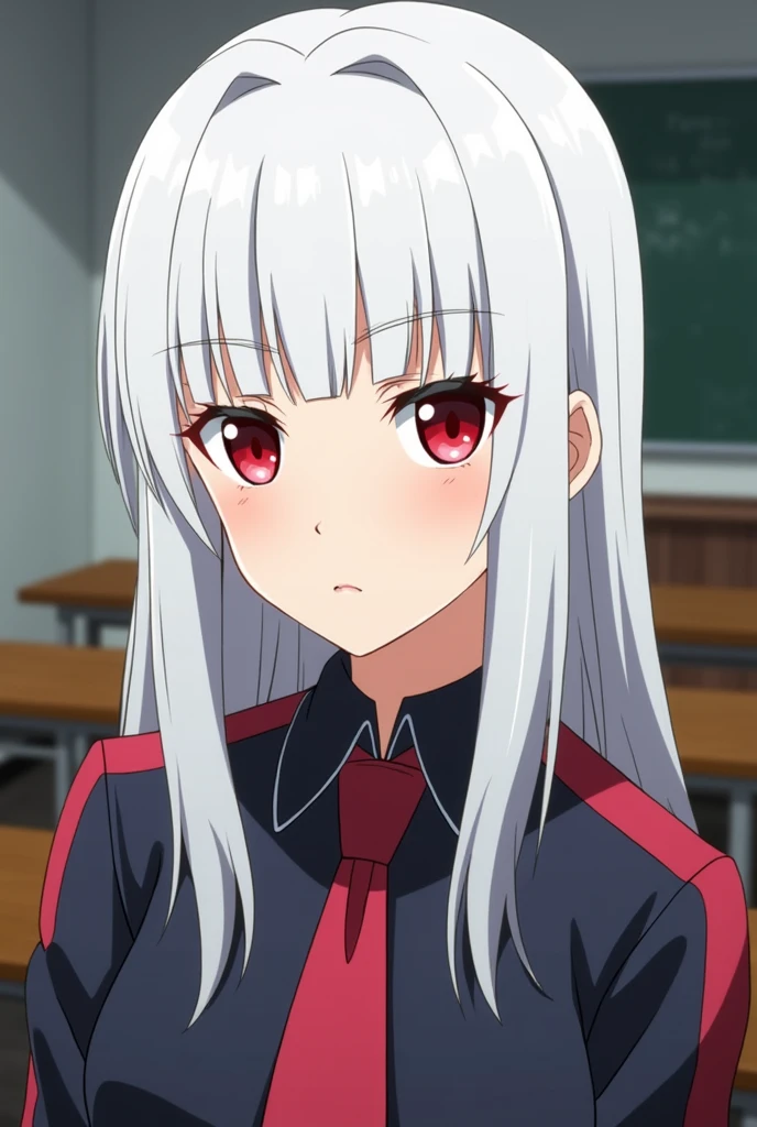 Screenshot of My Hero Academia a girl with straight white hair,with straight bangs,red eyes,He has a serious expression,He is wearing the UA uniform and in the background he has a UA school class.
