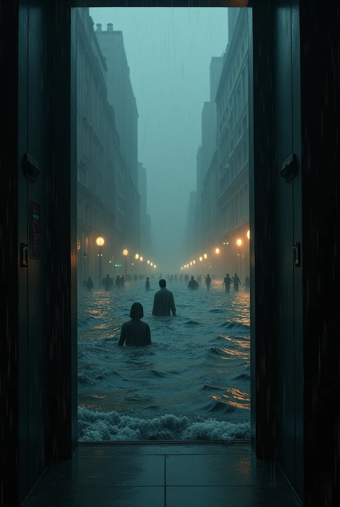 First person view of an elevator outside of which there is a water apocalypse and it won&#39;t stop raining. It&#39;s dark and there&#39;s only streetlights. There are some people swimming in this water. And the elevator started filling with water too 