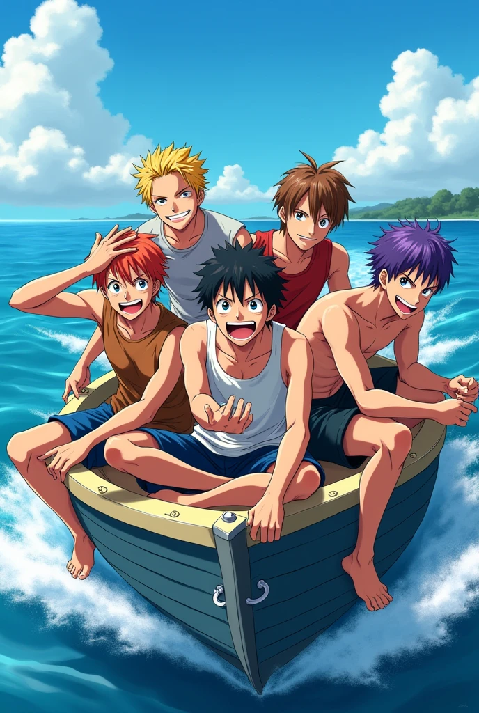 5 Teenage Males on a Boat, anime style toei animation Make one of them light blonde,yellowish red, chestnut hair, Bblack hair, purple hair, all 19/ Estilo One Piece