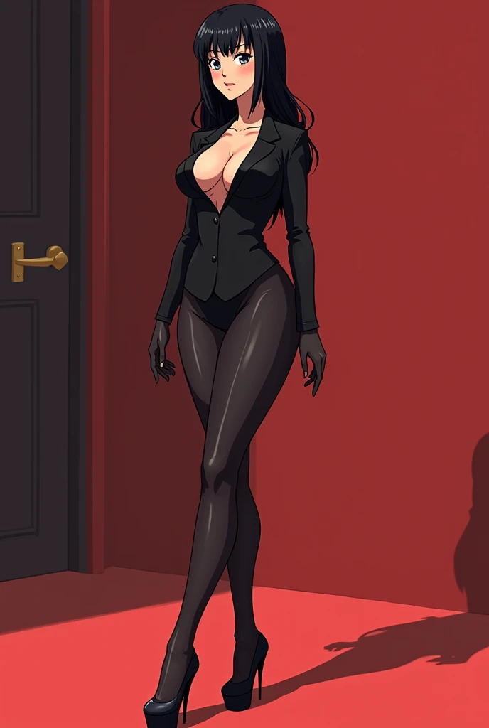 A very sexy ecchi big bust anime girl with high platform heels and long legs. Very girly spy, sultry Very stiff and straight pose. Great rectangular horizontal cleavage. Really long legs, very femennine. Bouncy bust, overflowing from her cleavage. Very skinny. Full body.