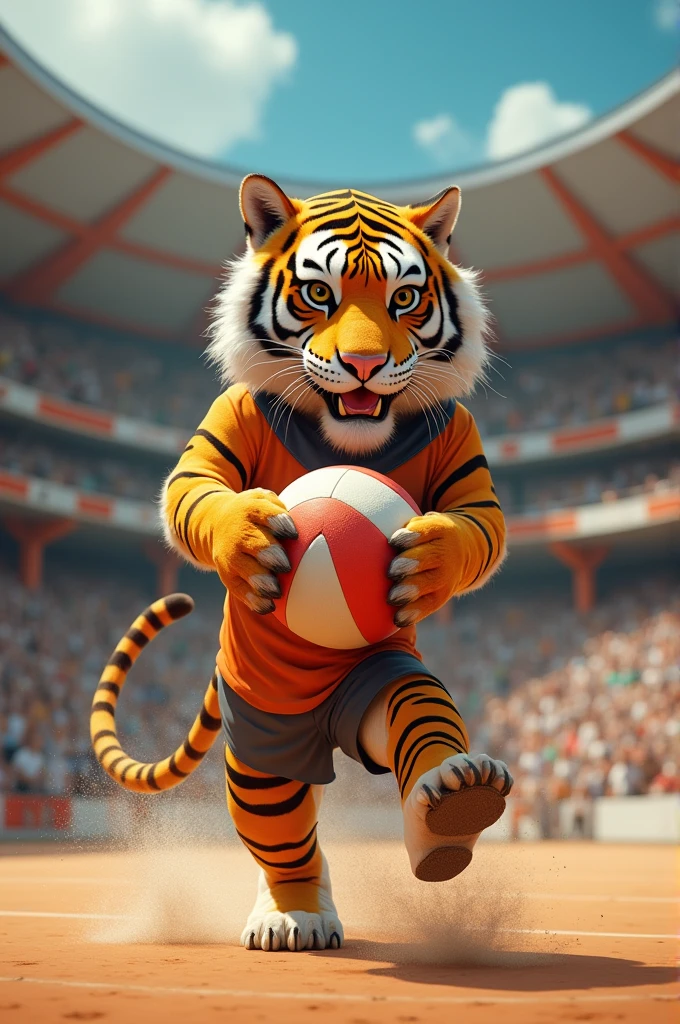 Create an image of a tiger playing like a hand-held perlita person in a fronton
