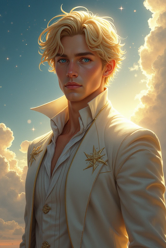 Short haired blond man in his thirties as an Aasimar from Pathfinder