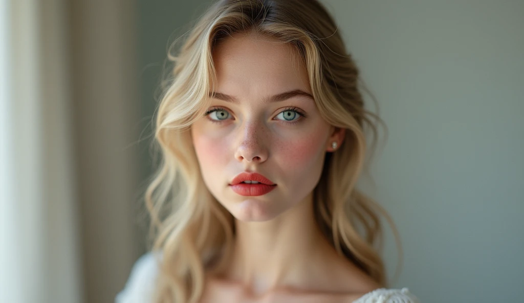 beautiful girl blond with Nordic features, upturned nose, blue eyes, red lipstick, big large boobs