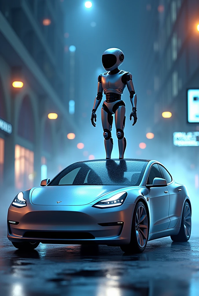 written at the top "AI work" and in the background occupying the center of the page a Tesla car with a representation of Apple's search Siri carrying an Alexa