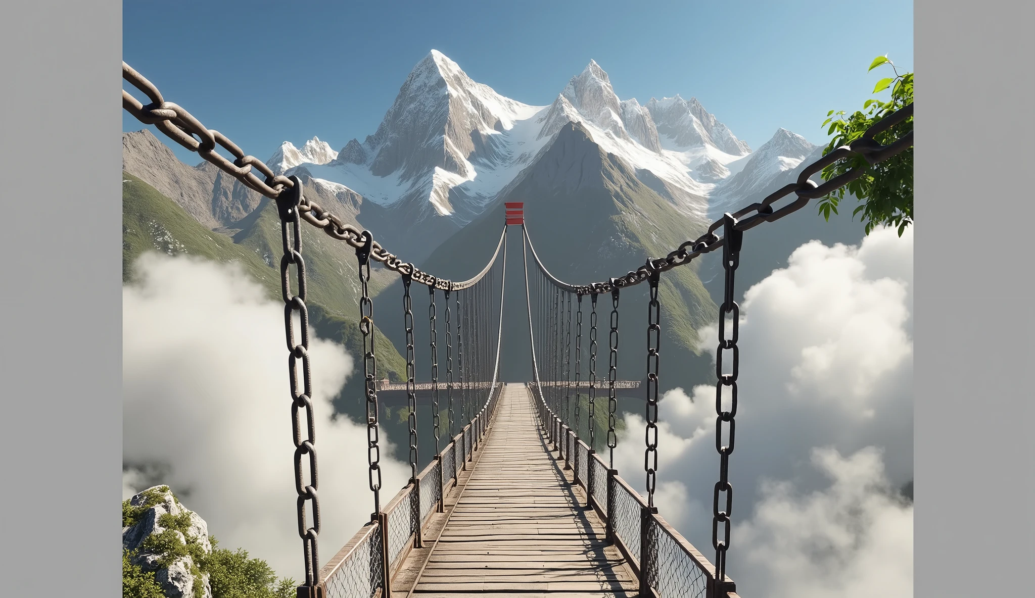a realistic chain bridge in the mountains, hanging over a deep valley, with snow-capped peaks in the background, detailed metal chains and cables, natural stone and wood construction, dramatic lighting, mist and fog, lush green foliage, (best quality,4k,8k,highres,masterpiece:1.2),ultra-detailed,(realistic,photorealistic,photo-realistic:1.37),dramatic lighting,moody atmosphere,cinematic,stunning landscape,intricate details