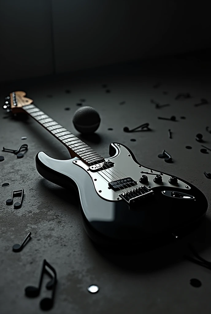Generates images of a black and white electric guitar and microphone, together lying on the ground around loose musical notes dark colors